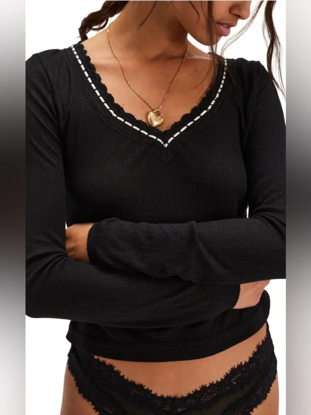 Free People Only You Long-Sleeve Navy only Ribbed Lace-Trim Top size
